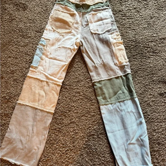 SHEIN High Rise Patchwork Jeans in Green, Blue, and Cream - Picture 2 of 3